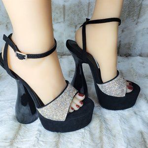 ☆ Cape Robbin Black Super High Heeled Chunky Ankle Strap Rhinestone Sandals